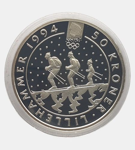 Norway 50 kroner 1994. Harald V. 1994 Winter Olympics-Cross-country Skiers. PROOF 40e 925. 16.85qq