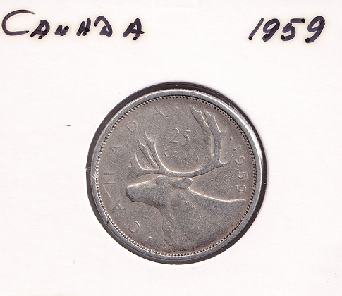 Canada 25 cents 1959. Elizabeth II. XF- 10e 800. 5.83q